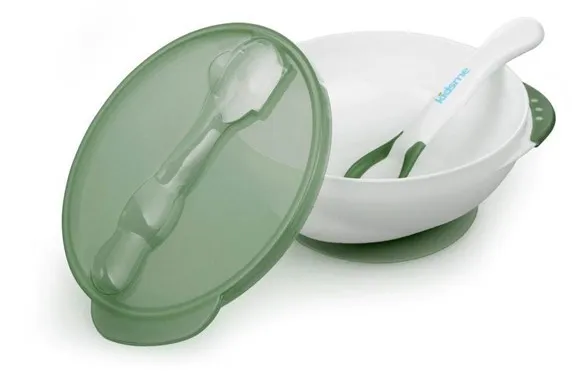 Kidsme - Djup tallrik med sugkopp och temperatursked Grön