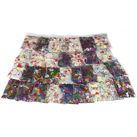 Flerfärgad paljettmix, blandade färger, storlek 7–30 mm, 25 g / 32 st.