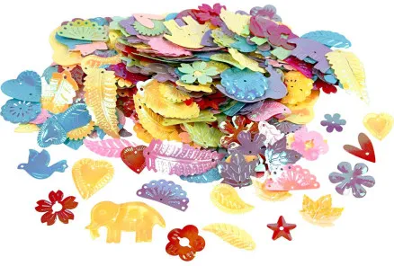 Paljetter, pärlemorfärger, storlek 15–45 mm, 400 g / 1 förp.